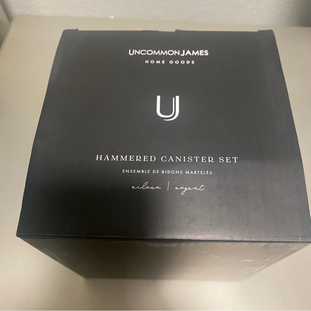 NIB Uncommon James Set of 2 Medium & Large Silver Hammered Canisters Wooden Lids